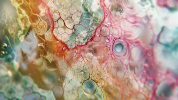 An intricate pattern of colors and lines on a closeup image of a microscope slide representing the AIenhanced analysis of tissue samples for the early detection of abnormalities photo