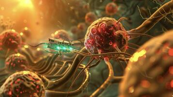 Detailed image of a nanorobot navigating through the maze of vessels targeting the tumor site with precision photo