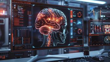 A futuristiclooking brain scan machine incorporating advanced technology and data analysis software for early detection photo