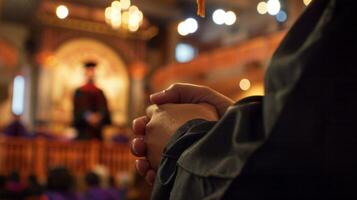A hand clasped tightly with a graduation cap a symbol of the hard work and dedication that brought the class to this moment. In the background a speaker can be seen on stag photo