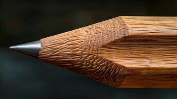 A closeup of a wooden sculpture in the shape of a pencil serving as a functional piece of art on the campus. The intricate carving and smooth finish of the wood showcase th photo