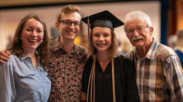 Aunts uncles and grandparents pose alongside their graduate family member beaming with pride and joy in front of a graduation backdrop photo