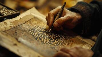 A closeup of an artists hands holding a calligraphy pen and carefully writing out intricate letters to add the finishing touch to a piece of calligraphy art for display photo