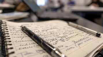 A closeup of a students notebook filled with handwritten notes and doodles alongside typed digital notes from a class lecture. This reflects the intersection of traditiona photo