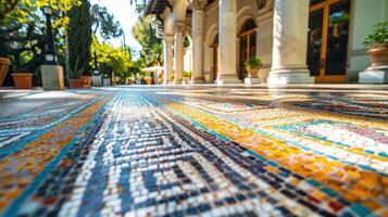 The stunning mosaic floor of a historic courtyard is now adorned with colorful QR codes providing students with easy access to digital resources and information photo