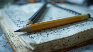 A closeup of a conservatory students notebook filled with handwritten notes and musical notations from their classroom sessions. The pen and pencil used to jot down thes photo