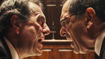 A closeup of two opposing lawyers in a heated debate emphasizing the competitive and argumentative nature of moot court proceedings photo