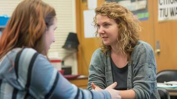 A teacher and a student engage in a oneonone dialogue with the teacher providing feedback and guidance to help the student improve their language skills photo