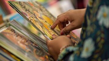 A closeup of a students hand flipping through a book at a book fair held at the language center. The book features beautiful illustrations and text in multiple languages photo