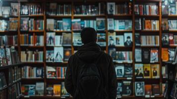 A person browsing through a selection of audiovisual materials in a multilingual library such as foreign films or language learning videos highlighting the diverse resource photo