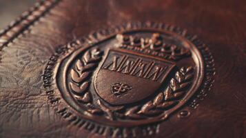 Closeup of a crest or emblem embossed onto a leatherbound cover of an archival educational transcript book showcasing the importance and prestige associated with educationa photo