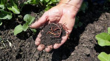 A students hand holding a handful of rich dark soil with roots and worms visible as they learn about the importance of healthy soil for crop growth photo