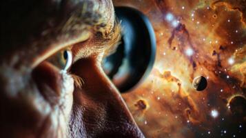 The focused gaze of an astronomer peering through an eyepiece at a distant planet or star lost in wonder at the vastness of the universe photo