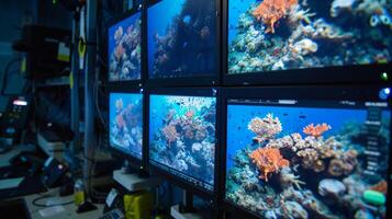 A series of monitors in a control room display realtime data from ocean temperature and salinity sensors as well as footage from underwater cameras. Scientists in la photo