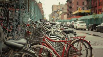 Bicycles of all shapes and sizes are secured to a chainlink fence forming a makeshift parking lot alongside a bustling city street photo