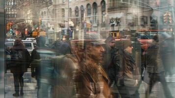 People of all ages and backgrounds can be seen passing by in the reflection highlighting the diversity of city inhabitants photo