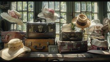 Through the grand window a charming arrangement of vintage luggage and ornate hats transports viewers to a bygone era of glamour and luxury photo