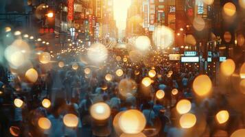 As the sun sets the city transforms into a dazzling display of lights and reflections drawing in crowds of people eager to experience its vibrant nightlife photo