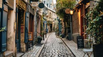 A quaint cobblestone street in a Europeaninspired city with cafes and shops adorned with charming retro signs and posters photo