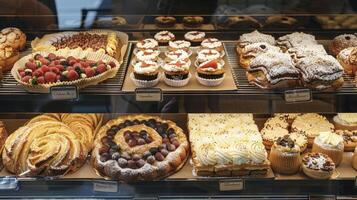 Mouthwatering pastry items beautifully arranged and labeled for dietary preferences catch the eye in a Healthy Bakes Bakery window display photo