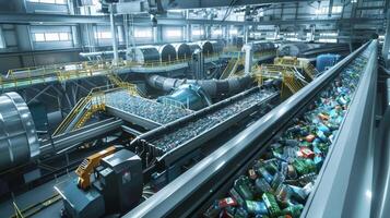 A futuristic recycling plant utilizing robotics and automation to sort clean and process recyclables at high speeds in a smart city photo