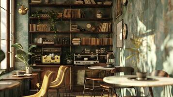 A welcoming cafe that feels like stepping back in time with its antique furnishings and shelves stocked with classic vinyl records. The faint hum of the record player add photo
