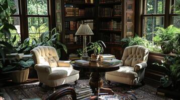 A cozy reading corner with comfortable armchairs and a large table filled with reference books and journals creating the perfect atmosphere for studying and research photo
