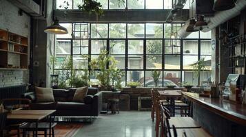 A cozy cafe nestled in a bustling city with an industrialinspired design that incorporates large windows and high ceilings. The space is cleverly divided into different zone photo