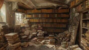 Books of all shapes and sizes are tered around the room their yellowed pages hinting at the stories and secrets they hold within their worn covers photo