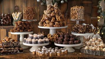 A display table overflowing with tempting treats including chocolatedipped pretzels buttery caramels and crunchy toffee photo