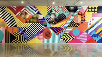 A mural with intricate geometric patterns and vibrant shades reflecting the fusion of different street art techniques and the diversity of global influences photo