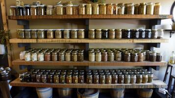 Shelves stacked with jars of locally made sauces dressings and condiments using locally grown herbs and es photo