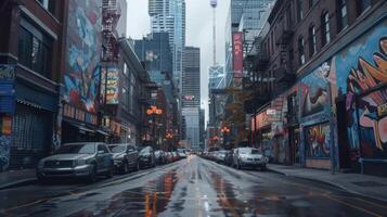 A wide shot of a city street lined with buildings each one featuring its own unique street art piece creating a cohesive and everchanging storytelling experience photo