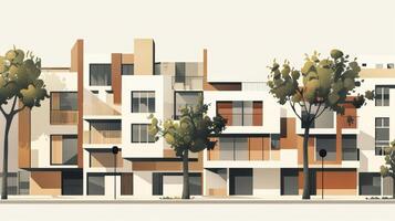 A row of apartment buildings with zigzagged facades in muted tones exhibiting symmetry and linear patterns reflective of the Art Deco movements emphasis on simplicity an photo