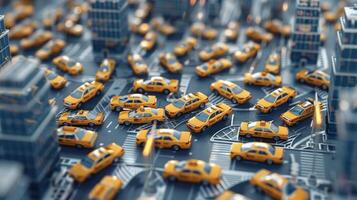 A vibrant hub of transportation with endless rows of yellow cabs creating a maze for city dwellers seeking a ride to their next destination photo
