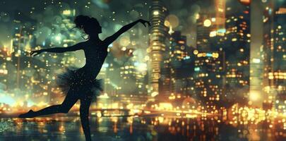 Silhouetted against a glowing city skyline a dancer twists and turns with precision and grace. The rhythm of the streets flows through their body captivating the crowd gathere photo