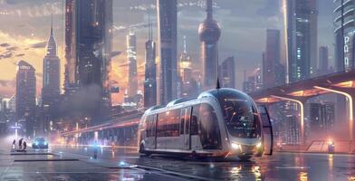 A city skyline with towering skysers in the background. In the foreground an electric selfdriving bus is pulling up to a futuristic station powered entirely by clean renewabl photo