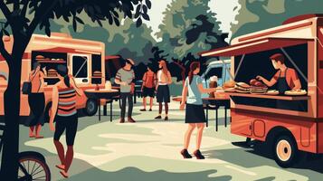 A gathering of food trucks converted into BBQ and grill kitchens offering an array of delectable options such as pulled pork sandwiches grilled chicken skewers and smoke photo