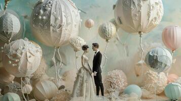 A whimsical scene of romantic pastel balloons and delicate paper mache sculptures is brought to life by the addition of elegant formalwear adorned with delicate lace and crystals photo