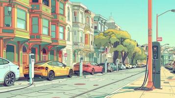 A bustling city street lined with multicolored buildings with a row of charging stations p strategically along the sidewalk offering convenient and ecofriendly options fo photo
