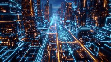 From a distance the city resembles a circuit board with rows of interconnected buildings and roads lit up by the pulsing lights of the digital sky photo