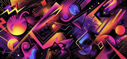 An explosion of neon lights and geometric shapes reflecting the pulsating beats and electric energy of the music. The abstract composition evokes a sense of heightened sense photo