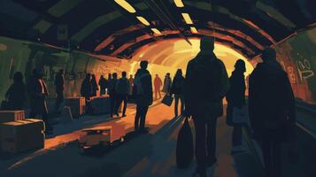 A POV shot from within the tunnels capturing the chaotic and busy atmosphere as people rush past and various goods are being transported photo