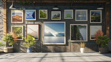 A large openair gallery featuring photographs of nature scenes displayed on rustic wooden frames and surrounded by potted plants photo