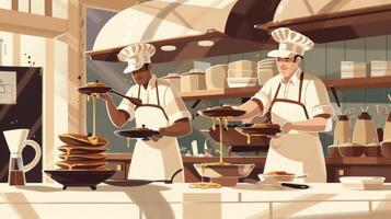 Chefs are hard at work behind counters expertly flipping pancakes and crepes in piping hot pans drizzling them with syrup and chocolate sauce and serving them up with a smil photo