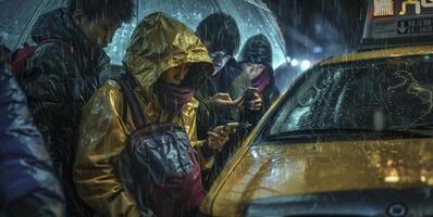 A group of tired travelers huddle together under a leaking awning while a taxi driver leans against his car checking his phone as he waits for the rain to subside photo