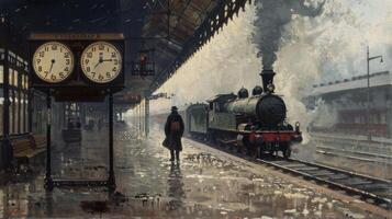 A lone figure stands next to a sign displaying the departure times their posture hunched and shoulders slumped with resignation as they wait for their train to finally arrive photo