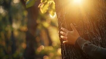 A persons hand touching a tree trunk connecting with nature as they perform Tai Chi moves amidst a peaceful forest setting photo