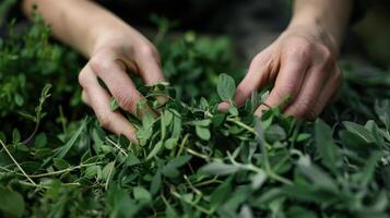 A closeup of a pair of hands snipping fresh leaves from a bundle of green herbs destined for use in a healing elixir photo