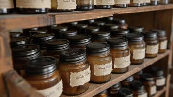 A rustic wooden cabinet filled with jars of homemade ointments and balms each labeled with intricate handwritten descriptions photo